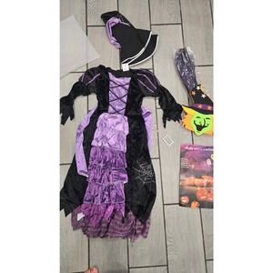 Girls Witch Costume Halloween Outfit Dress‎ Hat Broom Mask Small (120-130cm)